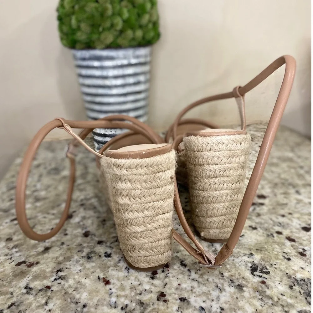 BP Chan-PU‎ Tan Faux Leather Espadrille Platform Wedge Sandals Size 8.5M